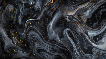 Gloomy graphite marble ink swirling amidst a darkened abstract backdrop, adorned with faint glitters.