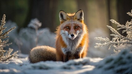 Naklejka premium Envision a vivid, photo-realistic scene deep in the misty forests of the Pacific Northwest where a red fox stands alert at the edge of a frost-covered meadow.