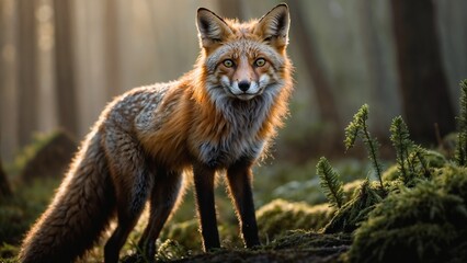 Envision a vivid, photo-realistic scene deep in the misty forests of the Pacific Northwest where a red fox stands alert at the edge of a frost-covered meadow.