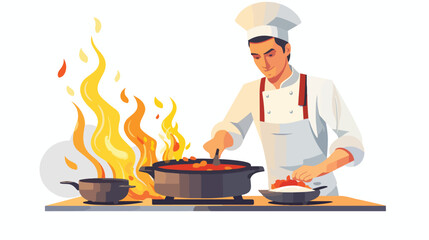Chef cooking food on frying pan heating with fire f