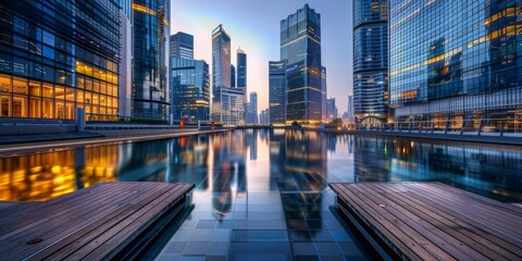 Fototapeta premium Serene blue hour over a reflective canal, modern cityscape aglow with warm and cool lights