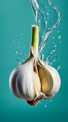 A vegetable poster, Some garlic, A splash of water.