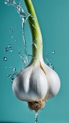 A vegetable poster, Some garlic, A splash of water.