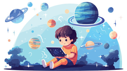 Child watching video about space on tablet screen.