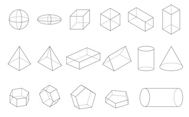 3d Geometric shape lines sphere, ellipsoid, square, rectangle, pyramid, cylinder, pentagon, hexagon and prism