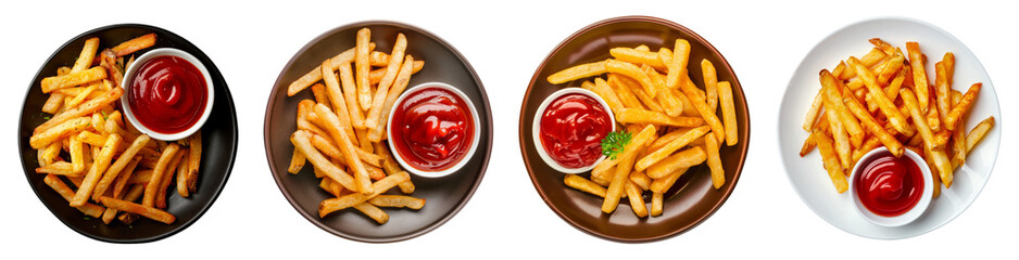 Plate of french fries and ketchup isolated, PNG set