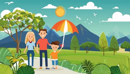Fotobehang group of people in the park family, cartoon, boy, people, child, illustration, vector, woman, children, love, mother, kids, mom, kid, together, father, couple, drawing, son,  © Lal
