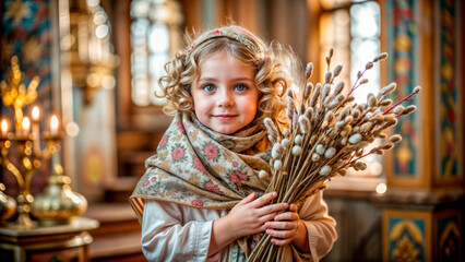 Cute curly girl in russian church with willow flowers