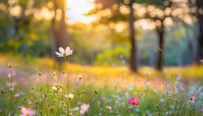 Abstract soft focus sunset field landscape of beautiful cosmos flower field