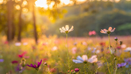 Abstract soft focus sunset field landscape of beautiful cosmos flower field