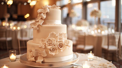 Obraz na płótnie Canvas Elegant fondant ribbon decorations encircling a sophisticated tiered cake.