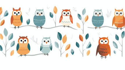 Childish seamless pattern with cute wise owls on wh