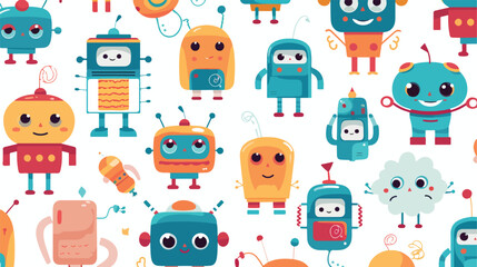 Childish seamless pattern with cute smiling robots