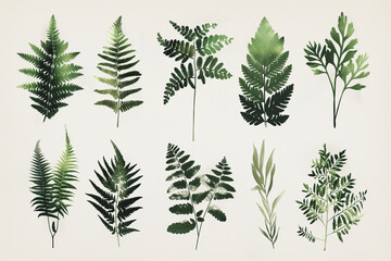 Set of green fern leaves painting a natural environment on a white background. Generative AI