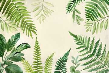Botanical painting of green ferns and palm leaves on a white background. Generative AI
