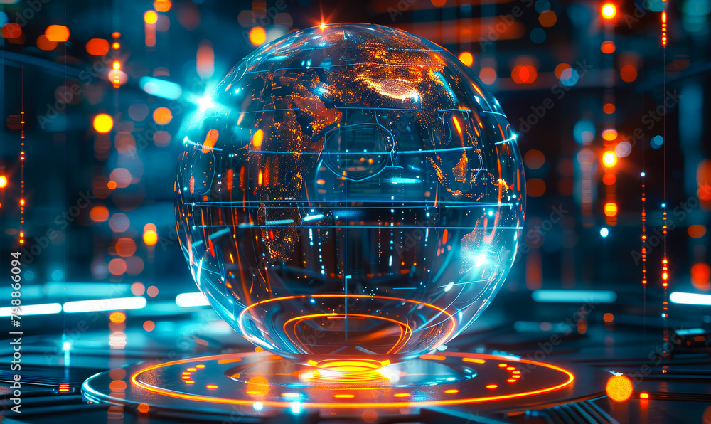 Poster futuristic ai software assistant spherical hologram orb - artificial intelligence virtual digital te