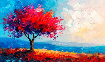 Fotobehang Stunning Red Acacia Tree Abstract Oil Painting, Summer Landscape Art Concept, Vibrant Nature Banner Design © Bartek