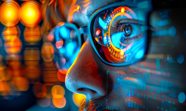 Pensive male programmer with eyeglasses reflection displays coding data - UX design big data concept