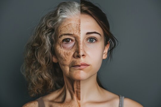 Old woman engages in generation-specific health education, her skincare routine captured in split photos highlighting the aging process innovations, vertical lip lines, and blond hair vitality.