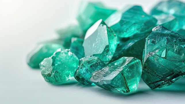 Macro photography, prime lens, close-up shot, emerald precious stone, isolated against background. Bright, studio lighting, bokeh