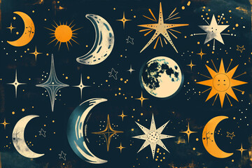 Artistic portrayal of moon, sun, and stars in a celestial scene. Generative AI