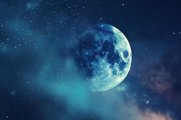 Electric blue full moon shines in midnight sky among stars. Generative AI