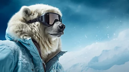 Fotobehang Stylish Polar Bear Wearing Snow Goggles and Winter Gear. Generative ai © Yevheniiya