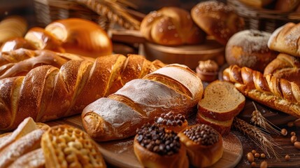 Pastries and Baguettes Showcased in Bakery with Room for Text