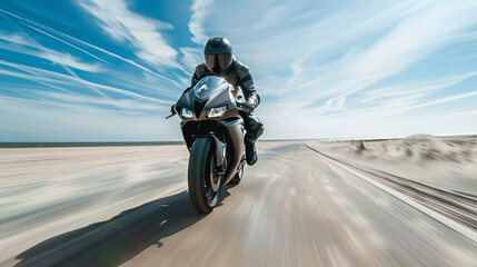 Obraz na płótnie Canvas Speeding Motorcycle on Coastal Highway