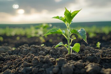 A small plant sprouts from the ground in a field of dirt and rocks with the sun shining through the