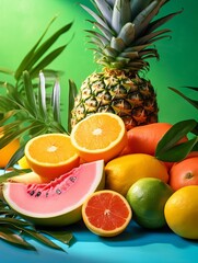 A variety of tropical fruits are arranged on a blue table against a green background. The fruits include pineapple, watermelon, orange, grapefruit, and lime. - obrazy, fototapety, plakaty