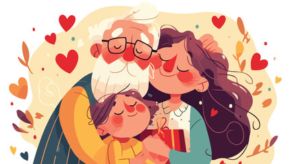 Grandfather and grandmother cuddling with grandchil