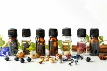 Essential oils collection, isolated on white