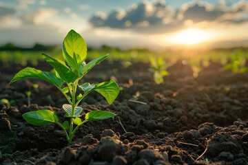 A small plant sprouts in a field at sunset or dawn with clouds in the background and sun shining