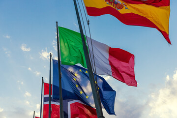Flags of the european countries and european union with blue sky background