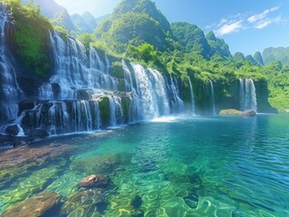 A beautiful waterfall surrounded by lush green trees and a clear blue lake. The water is calm and peaceful, creating a serene atmosphere