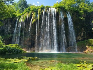 A waterfall is surrounded by lush green trees and a pond. The water is clear and calm, and the waterfall is a beautiful sight to behold. The scene is peaceful and serene
