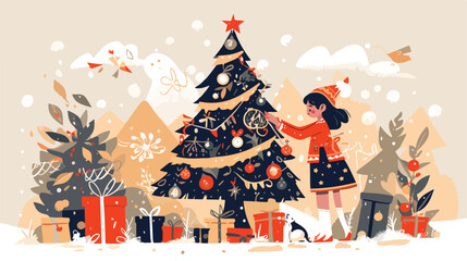 Greeting card with girl decorating Christmas tree a