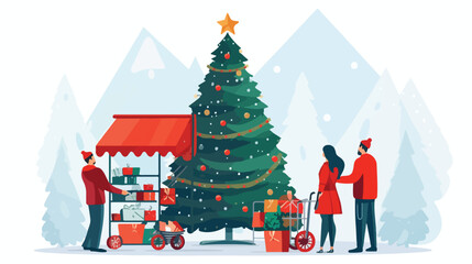 Christmas tree buying flat vector illustration. Win