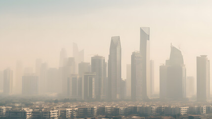 Obraz premium A city skyline is shown with a hazy, smoggy atmosphere. The buildings are tall and the sky is filled with clouds. The scene is one of pollution 
