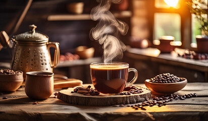 Fototapeta premium coffee cup with Morning coffee mug and steamy heat in dark country kitchen background.