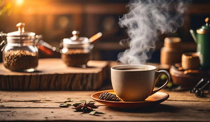 coffee cup with Morning coffee mug and steamy heat in dark country kitchen background.