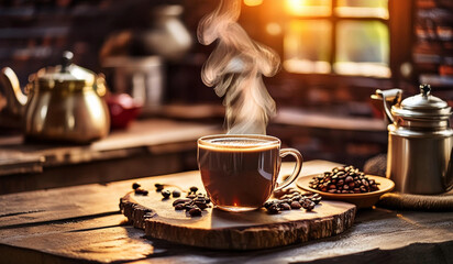 coffee cup with Morning coffee mug and steamy heat in dark country kitchen background. - Powered by Adobe