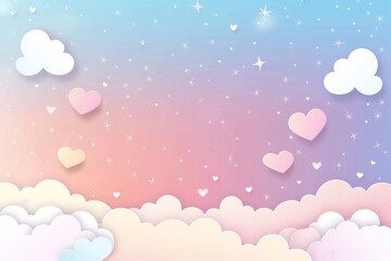 Dreamy clouds and hearts amongst the stars in soft hues, ideal for whimsical children’s books or enchanting event backdrops with copy space.