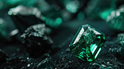 Macro photography, prime lens, close-up shot, emerald precious stone, isolated against dark background. Bright, studio lighting, bokeh