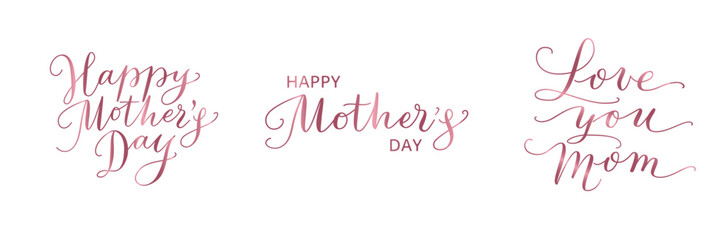 Happy mother's day hand written calligraphy. Love you Mom text. Pink letters isolated on transparent background. For mothers day greeting cards, banners, social media posts, invitations. Vector.
