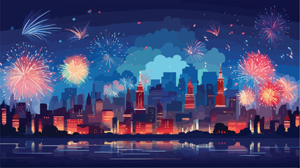 City holiday celebration panorama with bright festi