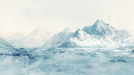 A mountain range with snow-covered peaks and a vast, empty valley. The scene is serene and peaceful, with the mountains towering over the valley below