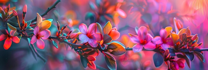A colorful branch of flowers with a pink and purple hue. The flowers are in full bloom and are arranged in a way that creates a sense of movement and life. The image conveys a feeling of joy