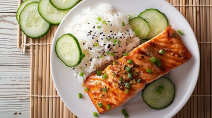 Fototapeta premium Grilled salmon fillet served with steamed white rice and fresh cucumber slices on a wooden surface